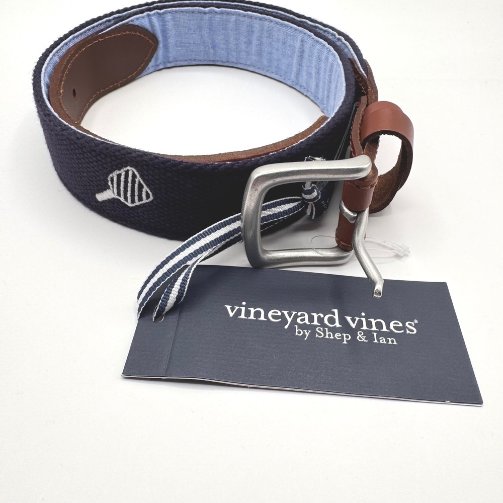 Vineyard Vines Pickleball Canvas Mens 32 Belt Nautical Navy Italian Leather Trim